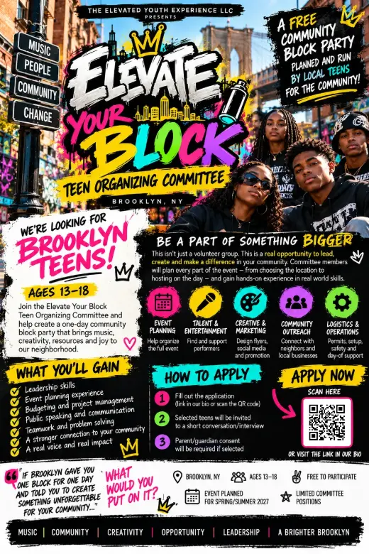 Elevate Your Block flyer: We're looking for Brooklyn teens